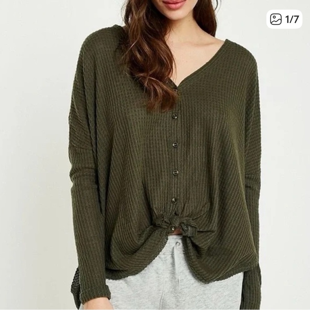 Urban Outfitters Out From Under Jojo Waffle Thermal Olive Green Button Down Top